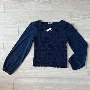 Madewell Smocked Boatneck Top Womens Small Navy Blue Long Sleeve